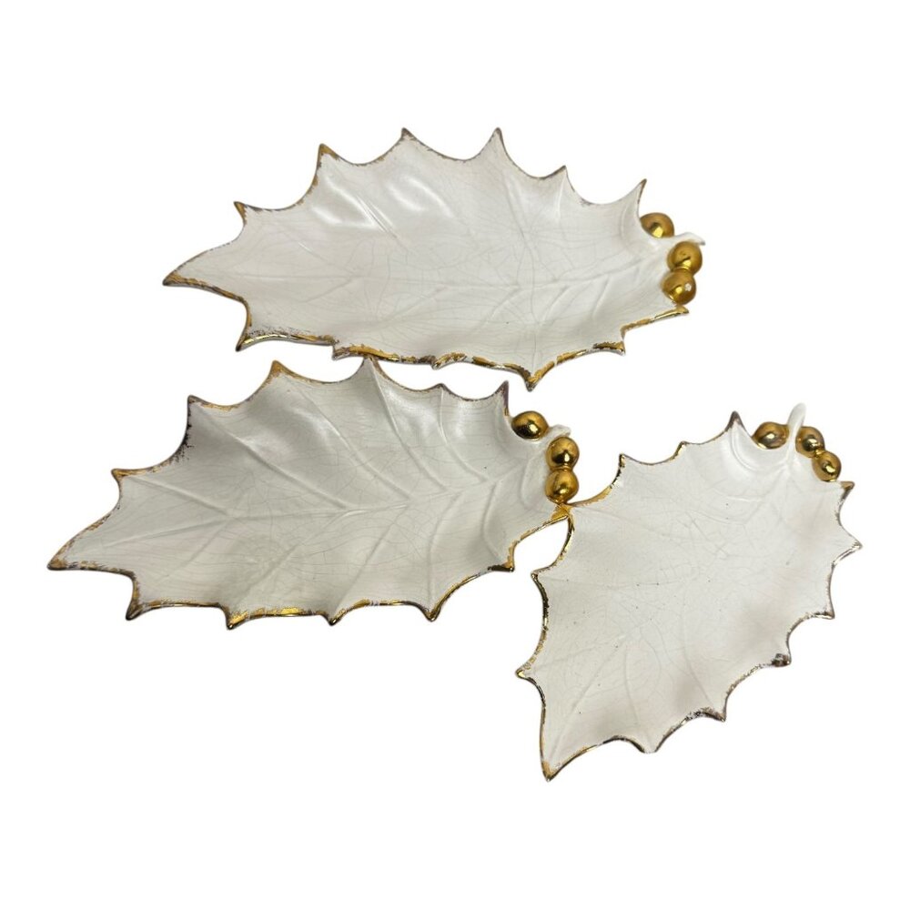Gold & White Ceramic Holly Leaf Trinket Dish Set Gilded Edge & Berries Vtg MCM